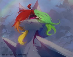 Size: 2048x1609 | Tagged: safe, artist:blcksswn, rainbow dash, pegasus, pony, g4, ahoge, alternate hairstyle, big eyes, blue coat, bust, cheek fluff, chest fluff, cloud, cloudy, detailed, ear fluff, eye clipping through hair, eyebrows, eyebrows visible through hair, female, hair over one eye, looking up, mare, multicolored hair, partially open wings, pink eyes, rainbow, rainbow hair, shoulder fluff, signature, sky background, smiling, solo, sweat, sweatdrop, wingding eyes, wings