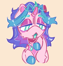 Size: 1205x1253 | Tagged: safe, artist:tottallytoby, oc, oc only, oc:comet candy, unicorn, g4, bags under eyes, blue eyes, bust, chest fluff, colored eyebrows, colored hooves, colored mouth, colored pinnae, eyebrows, eyebrows visible through hair, eyelashes, fusion, fusion:cayenne, fusion:starlight glimmer, horn, horn cap, horn jewelry, jewelry, leg fluff, lidded eyes, messy mane, multicolored mane, narrowed eyes, necklace, open mouth, pink background, pink coat, raised hooves, simple background, solo, unicorn oc, wingding eyes