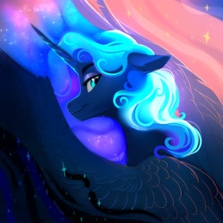 Size: 4096x4096 | Tagged: safe, artist:nettlemoth, princess luna, alicorn, pony, g4, absurd resolution, beautiful, blue eyes, blue mane, crepuscular rays, digital art, ear fluff, ethereal mane, eyelashes, eyeshadow, feather, female, flowing mane, helmet, horn, lidded eyes, looking at you, looking back, makeup, mare, peytral, redraw, signature, sky, smiling, smiling at you, solo, sparkles, spread wings, starry mane, stars, sunlight, sunset, wings