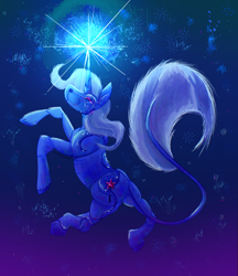Size: 2048x2373 | Tagged: safe, artist:peachpaws0, trixie, classical unicorn, unicorn, magic bitch, queen of misfits, vylet pony, g4, horn, leonine tail, magic, solo, song art, tail, unshorn fetlocks
