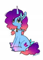 Size: 1503x2048 | Tagged: safe, artist:petaltwinkle, misty brightdawn, pony, unicorn, g5, alternate design, alternate hairstyle, blue coat, bow, colored hooves, curly mane, curly tail, cute, cutie mark eyes, eye clipping through hair, eyelashes, female, freckles, gradient horn, gradient legs, gradient mane, gradient tail, green eyes, hair bow, horn, looking at you, mare, mistybetes, pigtails, rebirth misty, ribbon, shiny hooves, signature, simple background, sitting, smiling, smiling at you, solo, sparkly mane, sparkly tail, tail, tail bow, unshorn fetlocks, white background, wingding eyes