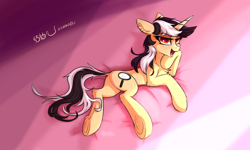 Size: 1250x750 | Tagged: safe, artist:行豹cheetahspeed, oc, oc only, oc:autumn trace, pony, unicorn, bed, black and white mane, eyebrows, female, grovelling, horn, lidded eyes, light, looking at you, lying down, male, mare, on bed, open mouth, orange eyes, prone, sexy, smiling, solo, tail, yellow skin