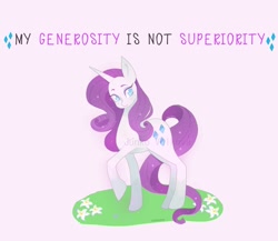 Size: 2048x1781 | Tagged: safe, artist:junko volkova, rarity, pony, unicorn, g4, generosity, horn, positive ponies, purple background, raised hoof, simple background, solo, translation