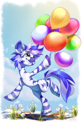 Size: 2000x3000 | Tagged: safe, artist:mithriss, oc, oc only, pony, zebra, balloon, belly, female, flower, mare, running, smiling, snow, solo, standing, standing on one leg