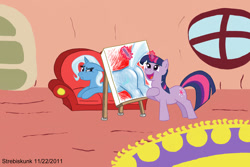 Size: 1170x780 | Tagged: source needed, safe, artist:strebiskunk, trixie, twilight sparkle, pony, unicorn, g4, 2011, butt, draw me like one of your french girls, easel, female, horn, mare, old art, plot, unicorn twilight