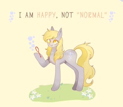 Size: 2048x1781 | Tagged: safe, artist:junko volkova, edit, derpy hooves, pegasus, pony, g4, blowing bubbles, bubble, happy, positive ponies, simple background, solo, text edit, translation, yellow background