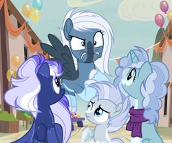 Size: 1806x1492 | Tagged: safe, artist:pastelnightyt, oc, oc only, oc:diamond sky, oc:frost festival, oc:midnight snowfall, oc:winter wind, pegasus, pony, unicorn, balloon, colt, female, foal, half-siblings, horn, male, mare, offspring, our town, parent:double diamond, parent:night glider, parent:party favor