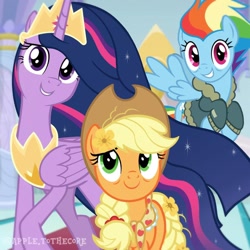 Size: 1080x1080 | Tagged: source needed, safe, artist:apple.tothecore, applejack, rainbow dash, twilight sparkle, alicorn, earth pony, pegasus, pony, g4, bags under eyes, blurry background, clothed ponies, clothes, crown, ethereal mane, ethereal tail, eyelashes, female, flying, folded wings, height difference, horn, jacket, jewelry, lightly watermarked, long horn, long mane, long tail, mare, older, older applejack, older rainbow dash, older twilight, older twilight sparkle (alicorn), peytral, physique difference, princess twilight 2.0, raised hoof, regalia, scarf, spread wings, tail, trio, twilight sparkle (alicorn), watermark, wings