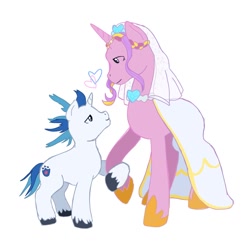 Size: 1280x1280 | Tagged: safe, artist:charmlii_, princess cadance, shining armor, alicorn, pony, unicorn, g4, clothes, dress, duo, duo male and female, female, floating heart, heart, height difference, holding hooves, hoof shoes, horn, larger female, looking at each other, looking at someone, looking down, looking up, male, mare, meme, messy mane, princess shoes, raised hoof, redraw, ship:shiningcadance, shipping, simple background, size difference, smaller male, stallion, straight, tail, the bride and the ugly ass groom, toy interpretation, unshorn fetlocks, wedding dress, wedding veil, white background