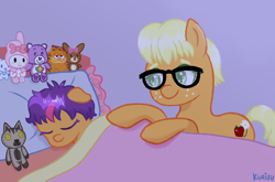 Size: 1966x1298 | Tagged: safe, artist:kurisumuffins, applejack, scootaloo (g3), pegasus, pony, g3, g4, ^^, adopted offspring, alternate design, alternate universe, care bears, cat plush, cinamoroll, cute, eyes closed, female, garfield, garfield (character), harmony bear, mother and child, mother and daughter, my melody, night, parent:applejack, plushie, sleeping, smiling