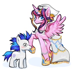 Size: 1280x1280 | Tagged: safe, artist:pandii, princess cadance, shining armor, alicorn, pony, unicorn, g4, blushing, clothes, dress, duo, duo male and female, female, height difference, hoof shoes, horn, horn jewelry, horn ring, jewelry, larger female, male, mare, meme, messy mane, missing horn, physique difference, princess shoes, raised hoof, redraw, ring, ship:shiningcadance, shipping, signature, simple background, size difference, slender, smaller male, spread wings, stallion, straight, tail, tall, the bride and the ugly ass groom, thin, toy interpretation, watermark, wedding dress, wedding veil, white background, wings, wrong eye color