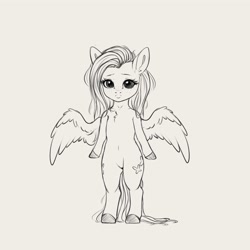 Size: 4000x4000 | Tagged: safe, artist:miokomata, fluttershy, pegasus, semi-anthro, g4, :<, chest fluff, freckles, freckleshy, grayscale, lineart, looking at you, monochrome, partially open wings, pouty lips, simple background, solo, white background, wings