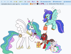 Size: 1015x768 | Tagged: safe, artist:supahdonarudo, princess celestia, oc, oc:ironyoshi, oc:sea lilly, alicorn, classical hippogriff, hippogriff, pony, unicorn, derpibooru, g4, april fools 2024, desktop ponies, female, horn, mare, meta, pixel art, sprite