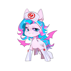 Size: 1200x1198 | Tagged: source needed, safe, artist:affti, oc, oc only, oc:sweetie swirl, bat pony, pony, bat pony oc, blue blush, blushing, chibi, clothes, floating wings, hat, multicolored hair, nurse outfit, simple background, solo, white background, wings