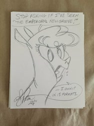 Size: 3024x4032 | Tagged: safe, artist:andy price, paprika (tfh), alpaca, them's fightin' herds, babscon, community related, monochrome, paprika can talk, pencil drawing, sketch, speech bubble, the emperor's new groove, traditional art