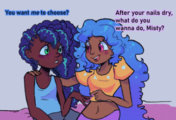 Size: 1038x710 | Tagged: safe, artist:kreeeeeez, izzy moonbow, misty brightdawn, human, g5, dark skin, doodle, female, hug, humanized, lesbian, ship:mizzy, shipping