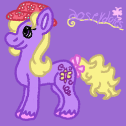 Size: 1500x1500 | Tagged: safe, artist:mintwhistle, part of a set, doseydotes (g3), earth pony, pony, g3, bow, colored hooves, easter, female, hat, holiday, mare, medibang paint, multicolored eyes, purple background, simple background, smiling, solo, tail, tail bow, unshorn fetlocks, yellow mane, yellow tail