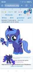 Size: 720x1600 | Tagged: safe, artist:hiddleston-hiddlestoff, dj pon-3, princess luna, vinyl scratch, alicorn, pony, unicorn, derpibooru, g4, april fools, april fools 2024, female, filly, horn, mare, meta, s1 luna, self paradox, self ponidox, woona, younger