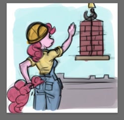 Size: 391x380 | Tagged: safe, artist:gor1ck, pinkie pie, earth pony, anthro, g4, ass, balloonbutt, butt, clothes, construction pony, facing away, female, hard hat, hat, mare, overalls, sketch, solo, tail, tail pull