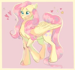 Size: 1500x1400 | Tagged: safe, artist:abbytabbys, fluttershy, pegasus, pony, g4, blushing, border, colored eyebrows, colored hooves, colored sketch, cute, emanata, eyelashes, female, floating heart, flower, heart, long mane, long tail, mare, partially open wings, pink background, pink mane, pink tail, raised hoof, shiny mane, shiny tail, shyabetes, simple background, sketch, smiling, solo, stars, tail, teal eyes, unshorn fetlocks, wavy mane, wavy tail, wingding eyes, wings, yellow coat