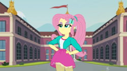 Size: 1024x573 | Tagged: safe, alternate version, artist:anythingpony, fluttershy, equestria girls, g4, canterlot high, clothes, female, pink skirt, ponytail, show accurate, signature, skirt, solo