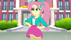 Size: 800x451 | Tagged: safe, alternate version, artist:anythingpony, fluttershy, human, equestria girls, g4, canterlot high, clothes, female, ponytail, signature, skirt, solo