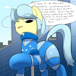 Size: 1500x1500 | Tagged: safe, artist:khorme, oc, oc only, oc:ultramare, earth pony, pony, bodysuit, city, cute, dialogue, frog (hoof), giant pony, latex, latex suit, looking at you, macro, macro/micro, micro, ocbetes, offscreen character, offscreen human, pov, raised hoof, skinsuit, solo, superhero, talking to viewer, teal mane, underhoof