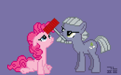 Size: 650x400 | Tagged: safe, artist:gonicfanfic, limestone pie, pinkie pie, earth pony, pony, g4, abuse, animated, blinking, bonk, duo, duo female, female, gif, mare, mouth hold, pinkiebuse, pixel art, siblings, simple background, sisters, sitting