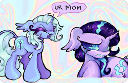 Size: 2048x1331 | Tagged: safe, artist:larvaecandy, starlight glimmer, trixie, pony, unicorn, g4, crying, duo, fangs, horn, leonine tail, meme, redraw, tail, your mom