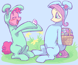 Size: 1200x1000 | Tagged: safe, artist:universalheart, fluttershy, pinkie pie, earth pony, pegasus, pony, g4, animal costume, basket, blue background, blushing, bunny costume, clothes, costume, cute, diapinkes, duo, easter, easter basket, easter egg, female, happy, holiday, lesbian, mare, open mouth, open smile, ship:flutterpie, shipping, shyabetes, simple background, smiling