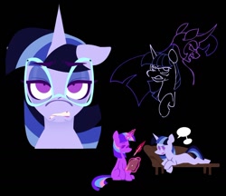 Size: 1140x985 | Tagged: safe, artist:partyponypower, twilight sparkle, pony, unicorn, eternal night au (janegumball), g4, alternate universe, black background, glasses, horn, nightmare twilight, nightmarified, self paradox, self ponidox, simple background, trio, unicorn twilight