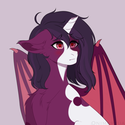 Size: 2048x2048 | Tagged: safe, artist:onimarxua, oc, oc only, oc:velvet night, bat pony, undead, unicorn, vampire, vampony, bust, ear fluff, floppy ears, heart, heart eyes, horn, male, red eyes, solo, spotted, stallion, wingding eyes