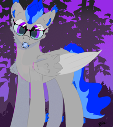 Size: 957x1080 | Tagged: safe, artist:hrabiadeblacksky, oc, oc:blazing smoke, pegasus, pony, blue hair, commission, condom, forest background, glasses, male, purple eyes, solo, stallion, wings