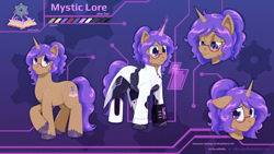 Size: 1920x1080 | Tagged: safe, artist:willoillo, oc, oc:mystic lore, unicorn, fallout equestria, adversarial noise, commission, emotes, female, horn, mare, pipbuck, reference sheet, science fiction