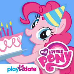 Size: 1024x1024 | Tagged: safe, playdate digital, pinkie pie, earth pony, pony, g4, my little pony party of one, app icon, bipedal, cake, candle, female, food, hat, hoof hold, looking at you, mare, my little pony logo, open mouth, open smile, party hat, platter, smiling, solo, tail