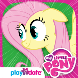 Size: 1024x1024 | Tagged: safe, playdate digital, fluttershy, pegasus, pony, g4, my little pony: fluttershy's famous stare, app icon, female, floppy ears, mare, my little pony logo, smiling, solo, spread wings, stare, wide eyes, wings