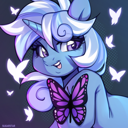 Size: 2600x2600 | Tagged: safe, artist:sugarstar, oc, oc only, butterfly, pony, unicorn, butterfly on hoof, female, horn, icon, insect on hoof, insect on someone, mare, not trixie, open mouth, open smile, raised hoof, smiling, solo