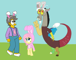 Size: 3181x2525 | Tagged: safe, artist:haileykitty69, discord, fluttershy, draconequus, human, pegasus, pony, g4, bipedal, crossover, crossover shipping, discoshymour, dismour, easter, female, fluttermour, holiday, male, seymour skinner, shipping, straight, the simpsons