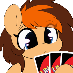 Size: 320x320 | Tagged: safe, artist:sakukitty, oc, oc only, oc:aerion featherquill, pegasus, pony, animated, blinking, commission, cute, eye clipping through hair, female, gif, mare, no u, ocbetes, playing card, reaction image, simple background, smug, solo, transparent background, uno, uno reverse card, ych result