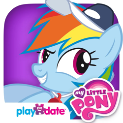 Size: 1024x1024 | Tagged: safe, playdate digital, rainbow dash, pegasus, pony, g4, may the best pet win, my little pony: best pet, app icon, coach rainbow dash, coaching cap, female, grin, hat, looking back, mare, my little pony logo, rainbow dashs coaching whistle, smiling, solo, whistle, whistle necklace