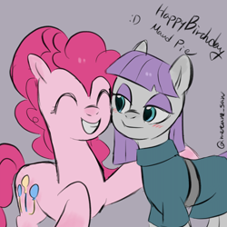 Size: 4096x4096 | Tagged: safe, artist:metaruscarlet, maud pie, pinkie pie, earth pony, pony, g4, :d, birthday, blushing, clothes, english, happy birthday, looking at each other, looking at someone, open mouth, open smile, purple background, simple background, smiling, smiling at each other