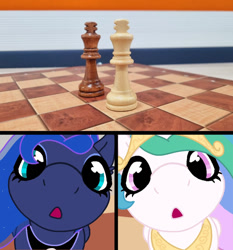 Size: 1024x1100 | Tagged: safe, artist:falses, princess celestia, princess luna, alicorn, pony, g4, :o, chess, close-up, crown, cute, cutelestia, female, fisheye lens, jewelry, looking at each other, looking at someone, looking at you, lunabetes, mare, offscreen character, open mouth, peytral, pov, regalia, royal sisters, siblings, sisters, wait that's illegal