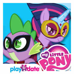 Size: 1024x1024 | Tagged: safe, playdate digital, spike, twilight sparkle, alicorn, dragon, pony, g4, my little pony: power ponies, power ponies (episode), app icon, clothes, costume, domino mask, duo, duo male and female, female, goggles, horn, humdrum costume, looking at you, male, mare, masked matter-horn costume, my little pony logo