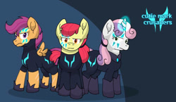 Size: 750x435 | Tagged: safe, artist:pinksuharia, apple bloom, scootaloo, sweetie belle, earth pony, pegasus, unicorn, comic:the storm kingdom, g4, alternate universe, cadet, clothes, cutie mark crusaders, female, horn, insignia, military uniform, possible future, uniform