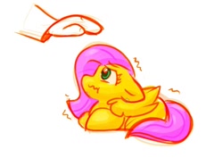 Size: 1094x773 | Tagged: safe, artist:zutcha, fluttershy, human, pegasus, pony, g4, cute, disembodied hand, female, floppy ears, folded wings, hand, looking up, lying down, mare, nervous, ponyloaf, prone, scared, shivering, shyabetes, wavy mouth, wings