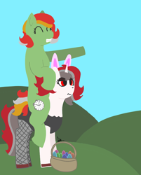 Size: 1440x1790 | Tagged: safe, artist:thomas.senko, oc, oc:red rocket, unicorn, basket, bunny ears, bunny suit, clothes, duo, easter, easter basket, fishnet stockings, holiday, horn, red eyes, simple background, unamused