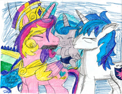Size: 1017x786 | Tagged: safe, artist:brookellyn, princess cadance, princess flurry heart, shining armor, alicorn, pony, unicorn, g4, artificial horn, augmented, cute, daaaaaaaaaaaw, father and child, father and son, female, gleaming shield, horn, husband and wife, magic, magic horn, male, mother and child, mother and son, prince blizzard heart, prince bolero, rule 63, solo