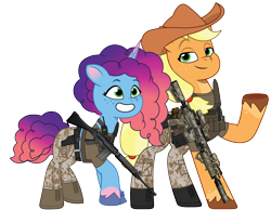 Size: 2948x2289 | Tagged: safe, artist:edy_january, artist:prixy05, edit, vector edit, applejack, misty brightdawn, earth pony, pony, unicorn, g4, g5, my little pony: tell your tale, applejack's hat, armor, assault rifle, battle rifle, belt, body armor, boots, call of duty, call of duty: warzone, canada, canadian, clothes, colt python, combat knife, cowboy hat, duo, duo female, equipment, female, fn fal, gears, gun, handgun, hat, horn, knife, marine, marines, military, military pony, military uniform, misty and her 2nd heroine, p220, pistol, radio, rebirth misty, revolver, rifle, shirt, shoes, simple background, soldier, soldier pony, special forces, tactical squad, tactical vest, tank top, task forces 141, transparent background, uniform, united states, us army, usmc, vector, vest, weapon, wild west, xm7