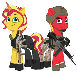 Size: 2441x2289 | Tagged: safe, artist:edy_january, artist:prixy05, edit, vector edit, sprout cloverleaf, sunset shimmer, earth pony, pony, unicorn, g4, g5, my little pony: tell your tale, ar-15, armor, assault rifle, black pants, body armor, boots, call of duty, call of duty: warzone, clothes, combat knife, delta forces, duo, duo male and female, equipment, female, g4 to g5, gears, generation leap, glock 17, gloves, grey shirt, gun, handgun, helmet, horn, knife, m4a1, male, marine, marines, military, military pants, military pony, military uniform, p220, p226, p90, pistol, radio, rifle, shirt, shoes, shotgun, simple background, soldier, soldier pony, special forces, sprout and his heroine, submachinegun, tactical vest, tank top, task forces 141, transparent background, uniform, us army, usas-12, usmc, vector, vest, weapon