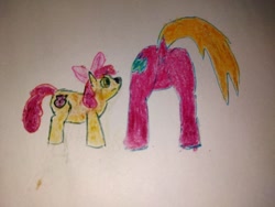 Size: 1024x768 | Tagged: safe, artist:nebbie, apple bloom, big macintosh, dog, dog pony, original species, pony, g4, anus, apple bloom's bow, bow, butt, crayon drawing, duo, female, filly, foal, hair bow, plot, simplistic anus, traditional art